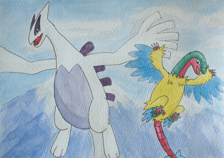 Los pokémon Lugia y Archeops vuelan sobre las montañas.
