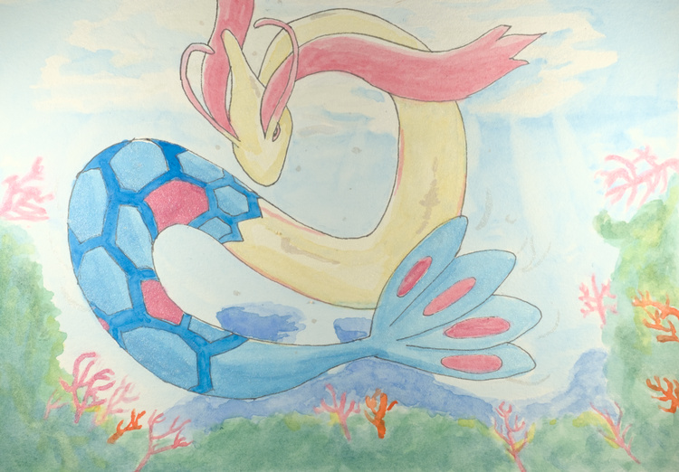 El pokémon Milotic nadando sobre un arrecife.
