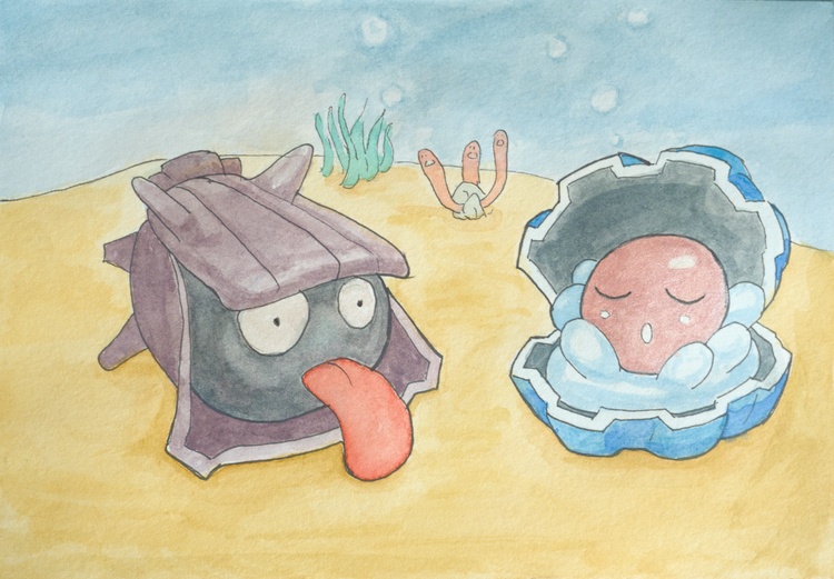 Los pokémon Shellder y Clamperl yaciendo en el fondo marino. De fondo se ve el pokémon Wugtrio y unas algas.
