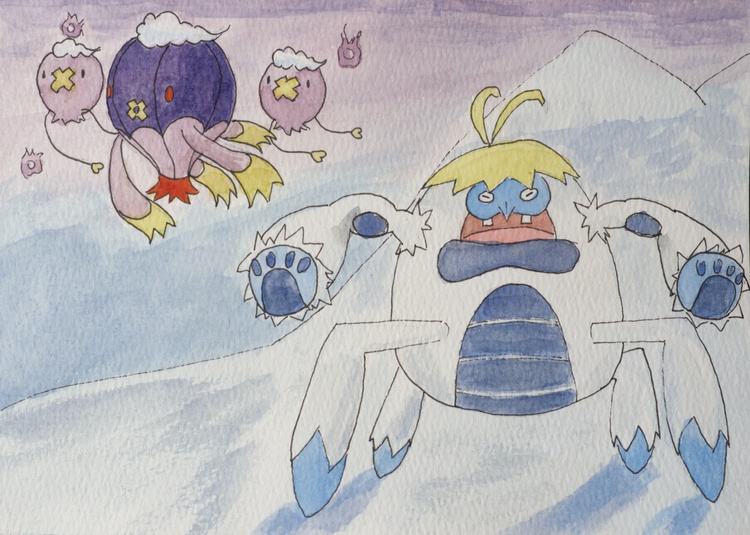 El pokémon Crabominable en pose desafiante mientras un grupo de Drifblim y Drifloon flota a lo lejos.
