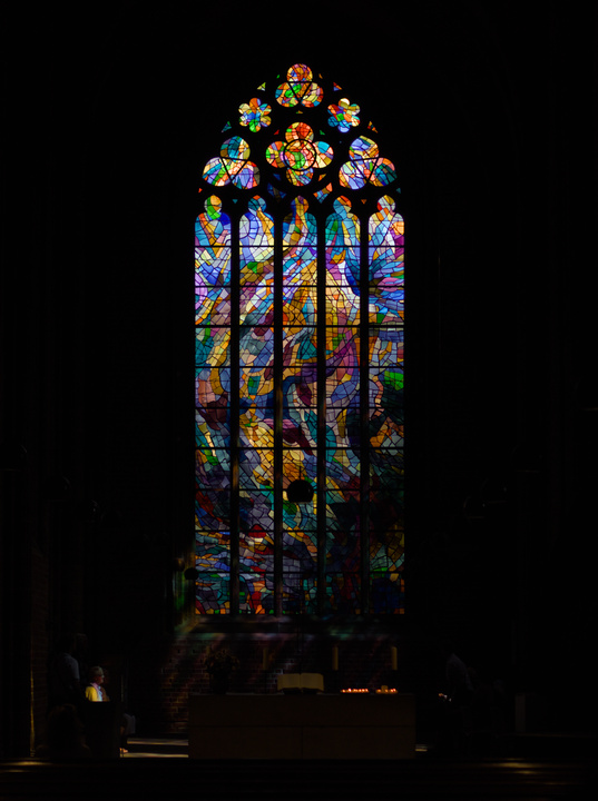Stained glass on Church of Our Lady, Bremen, Germany. 2019.