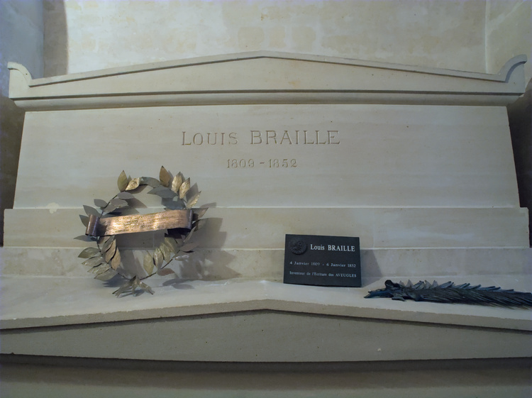 Louis Braille&rsquo;s grave. His name is written in Braille in the commemorative plaque.
