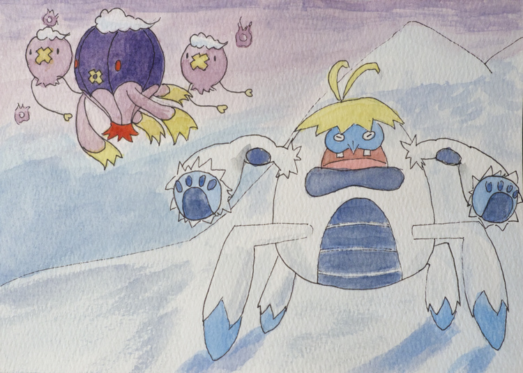 Ilustración en acuarela de Crabominable, Drifblim y Drifloon.